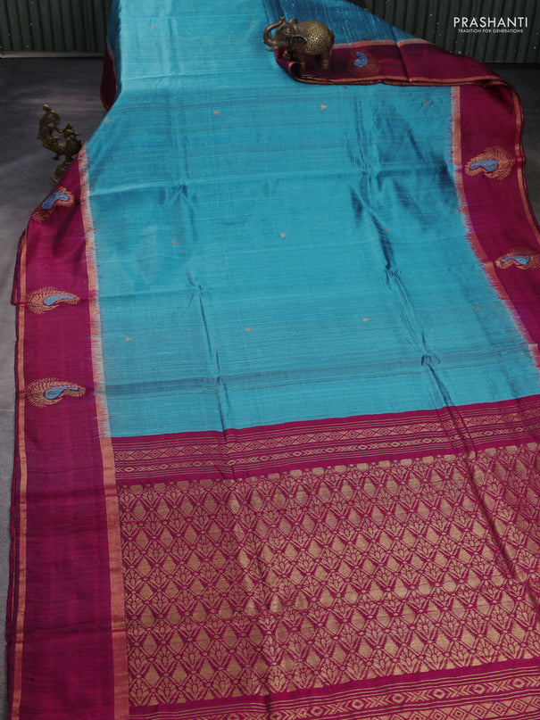 Pure dupion silk saree light blue and magenta pink with zari woven buttas and woven butta border