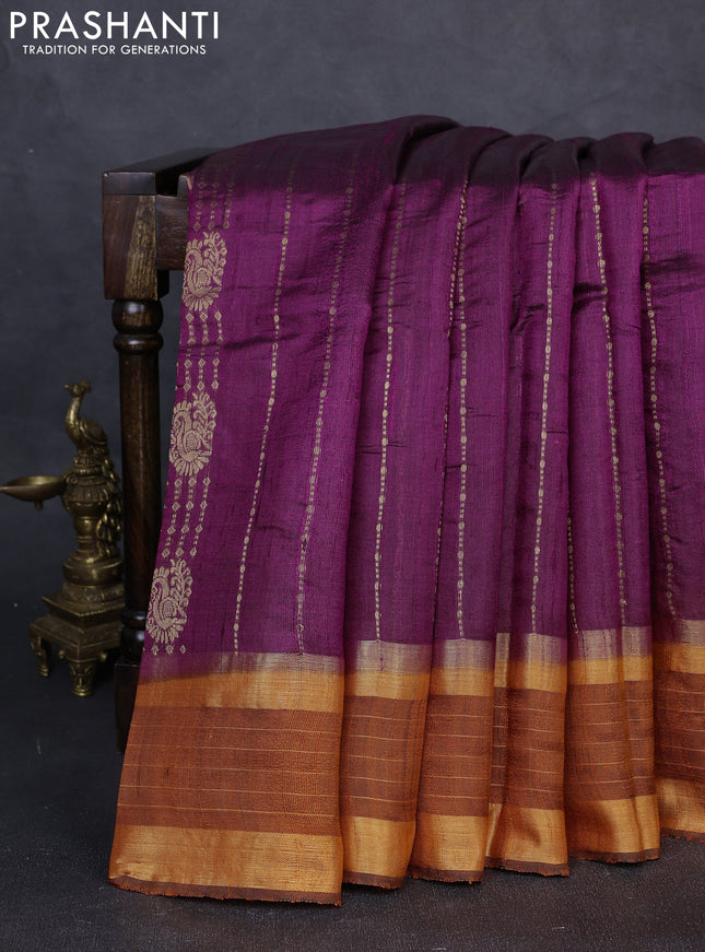 Pure dupion silk saree purple and rustic orange with allover zari weaves and zari woven border