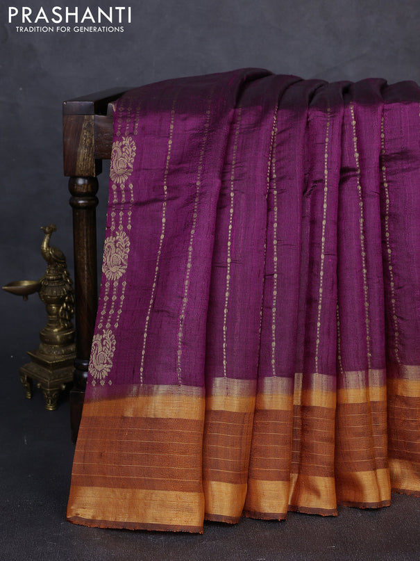 Pure dupion silk saree purple and rustic orange with allover zari weaves and zari woven border