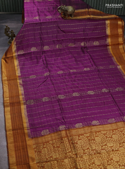 Pure dupion silk saree purple and rustic orange with allover zari weaves and zari woven border