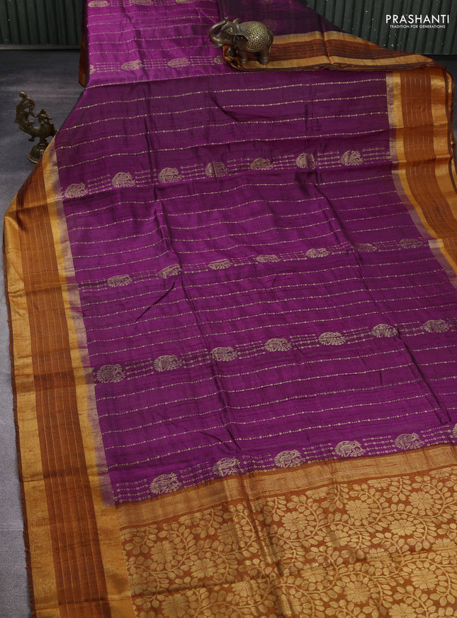 Pure dupion silk saree purple and rustic orange with allover zari weaves and zari woven border