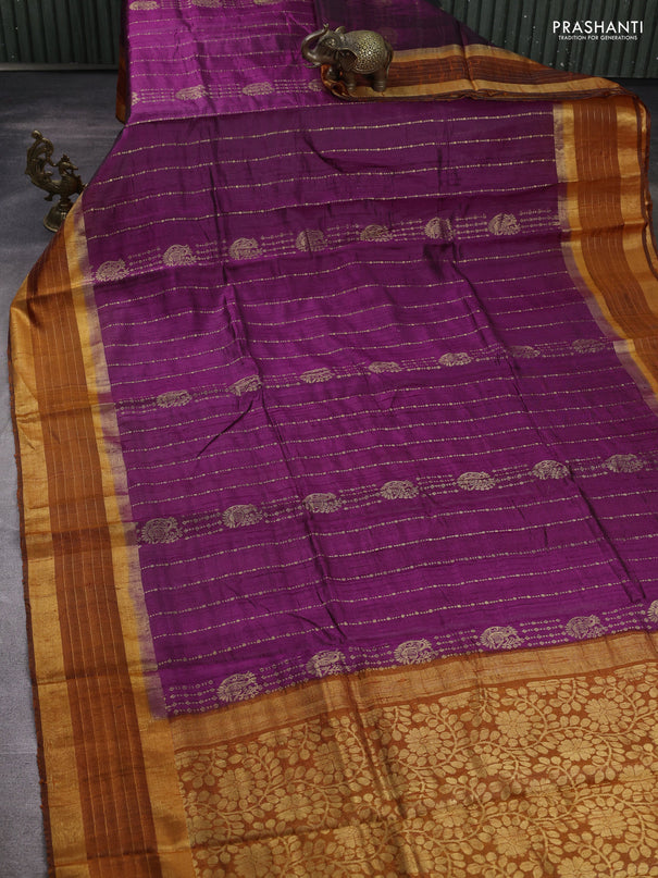 Pure dupion silk saree purple and rustic orange with allover zari weaves and zari woven border