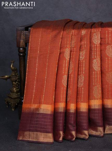 Pure dupion silk saree rustic orange and deep maroon with allover zari weaves and zari woven border