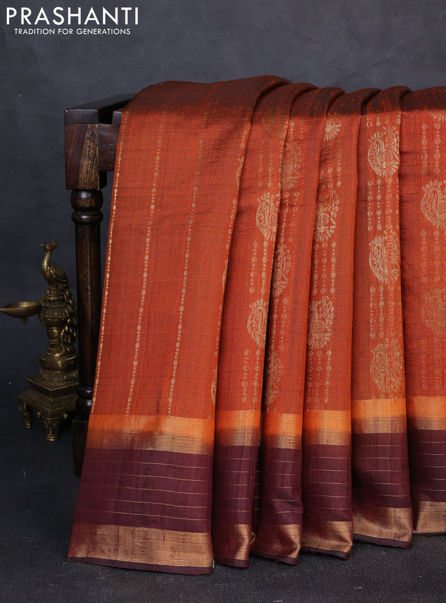 Pure dupion silk saree rustic orange and deep maroon with allover zari weaves and zari woven border
