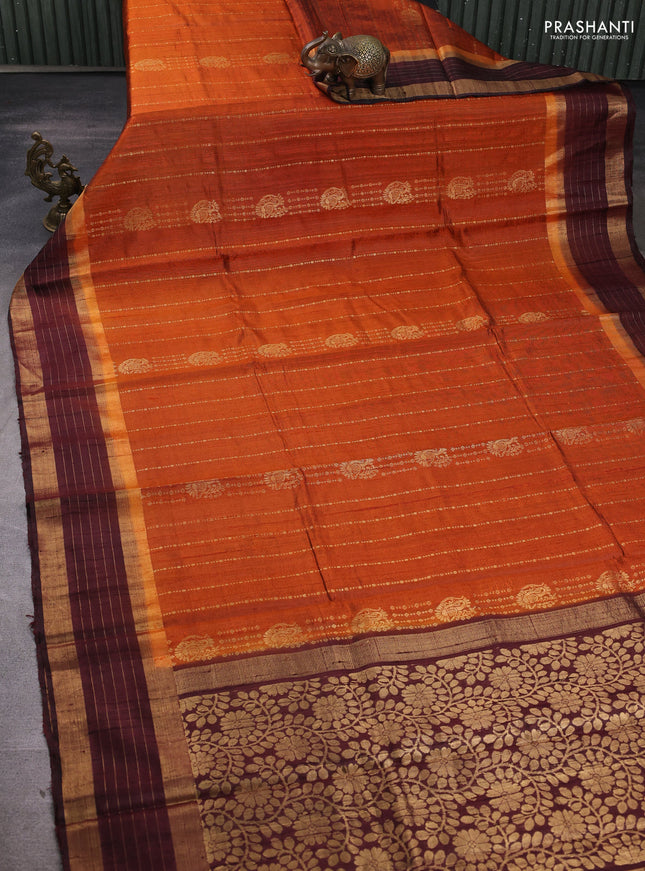 Pure dupion silk saree rustic orange and deep maroon with allover zari weaves and zari woven border
