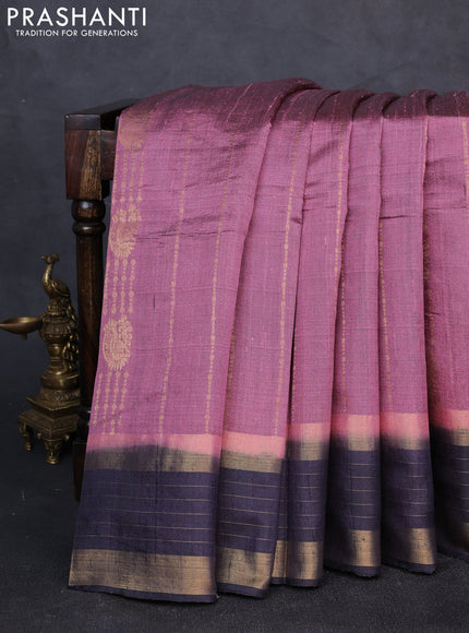 Pure dupion silk saree mauve pink and dark grey with allover zari weaves and zari woven border
