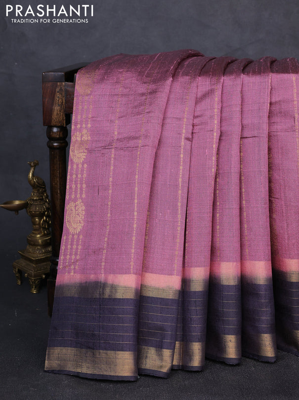 Pure dupion silk saree mauve pink and dark grey with allover zari weaves and zari woven border