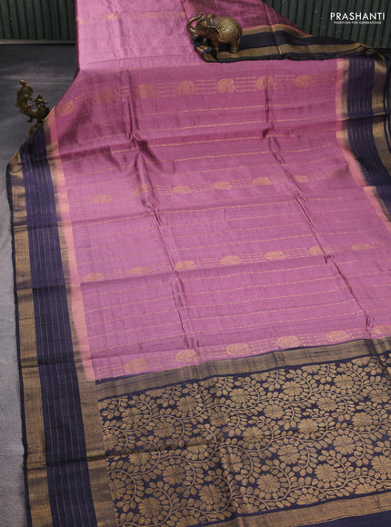 Pure dupion silk saree mauve pink and dark grey with allover zari weaves and zari woven border