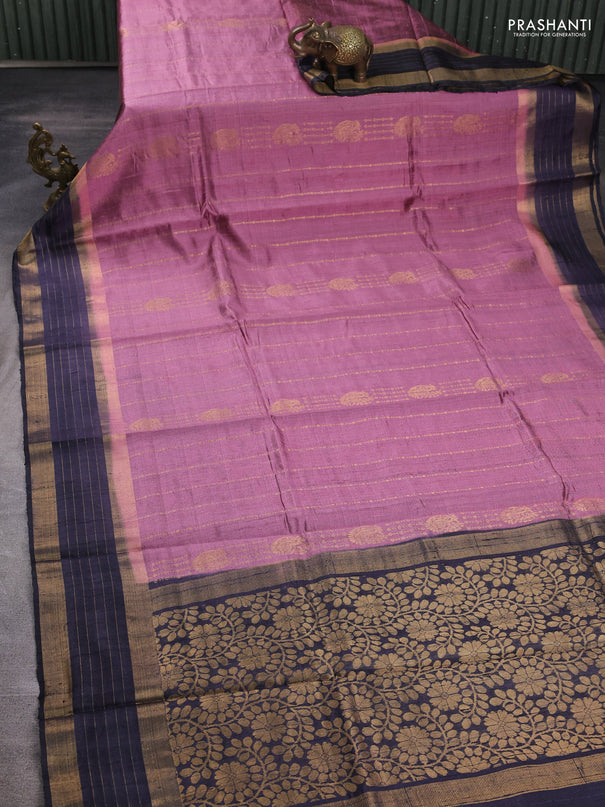 Pure dupion silk saree mauve pink and dark grey with allover zari weaves and zari woven border