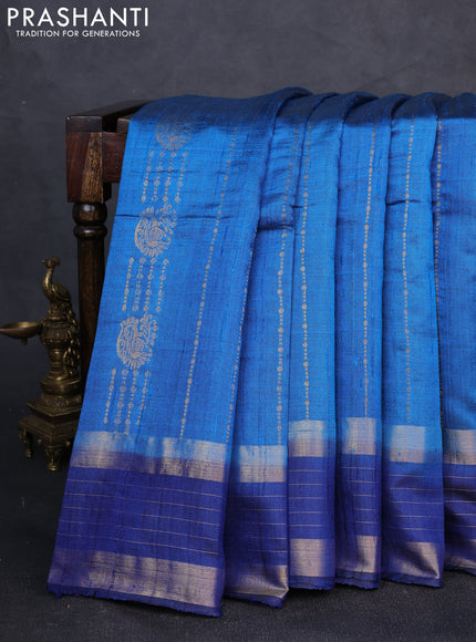 Pure dupion silk saree cs blue and navy blue with allover zari weaves and zari woven border