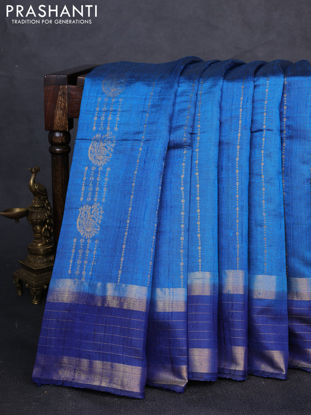 Pure dupion silk saree cs blue and navy blue with allover zari weaves and zari woven border