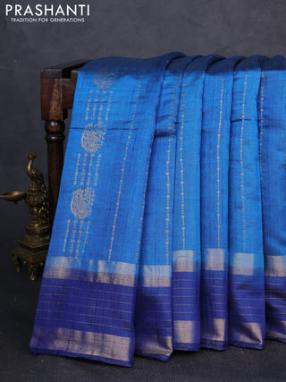 Pure dupion silk saree cs blue and navy blue with allover zari weaves and zari woven border