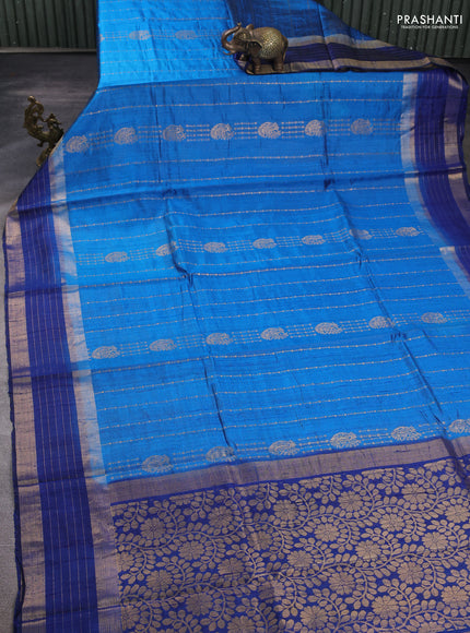 Pure dupion silk saree cs blue and navy blue with allover zari weaves and zari woven border