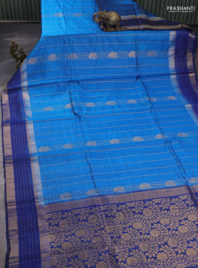 Pure dupion silk saree cs blue and navy blue with allover zari weaves and zari woven border