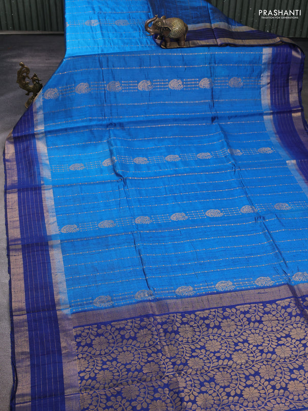 Pure dupion silk saree cs blue and navy blue with allover zari weaves and zari woven border