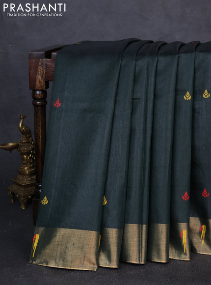 Pure dupion silk saree bottle green with thread woven buttas and zari woven muniya butta border