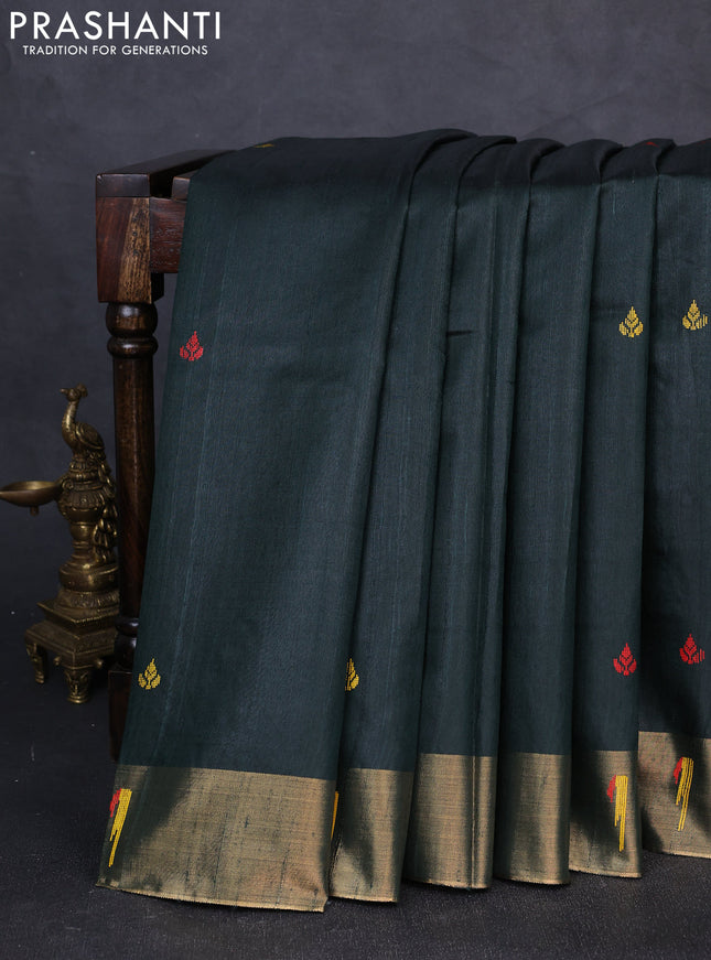 Pure dupion silk saree bottle green with thread woven buttas and zari woven muniya butta border