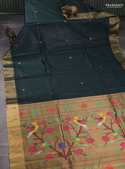Pure dupion silk saree bottle green with thread woven buttas and zari woven muniya butta border