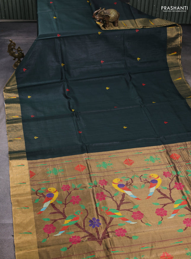 Pure dupion silk saree bottle green with thread woven buttas and zari woven muniya butta border