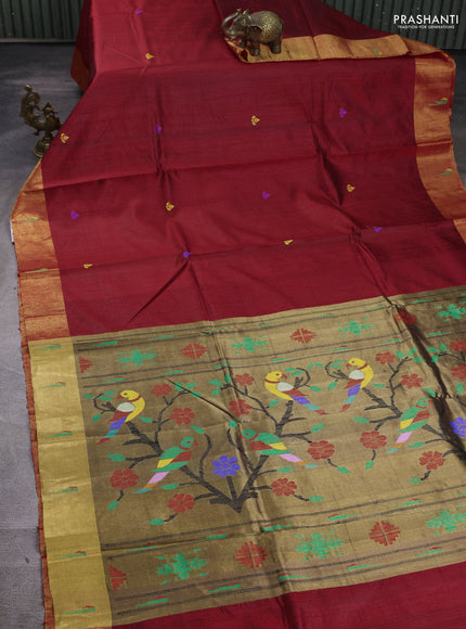 Pure dupion silk saree red with thread woven buttas and zari woven muniya butta border