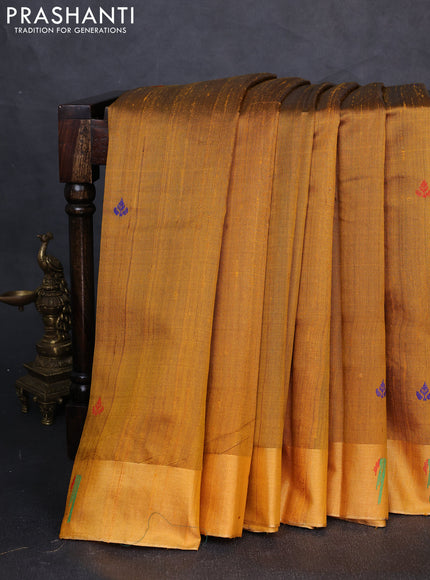 Pure dupion silk saree mustard yellow with thread woven buttas and zari woven muniya butta border