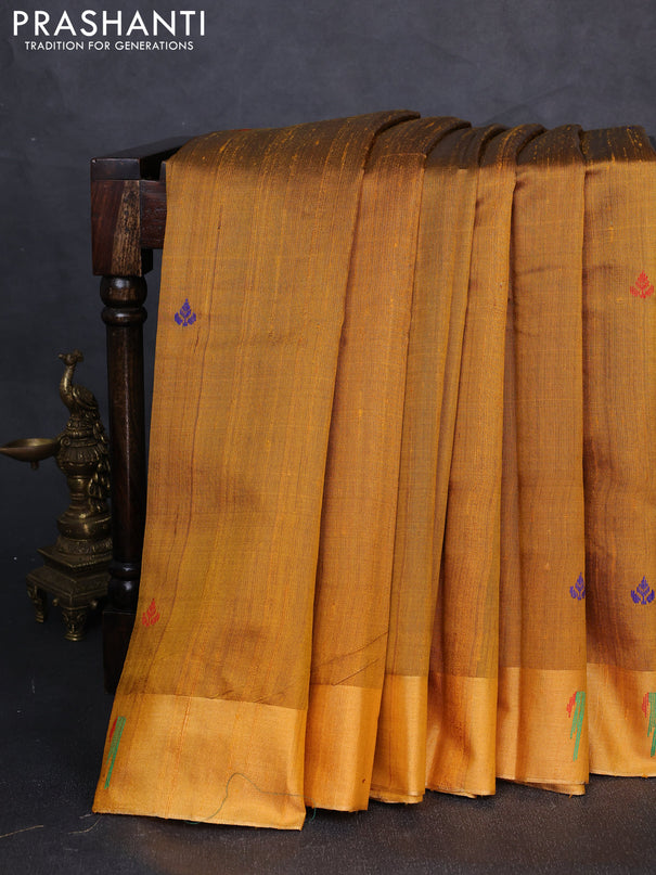 Pure dupion silk saree mustard yellow with thread woven buttas and zari woven muniya butta border