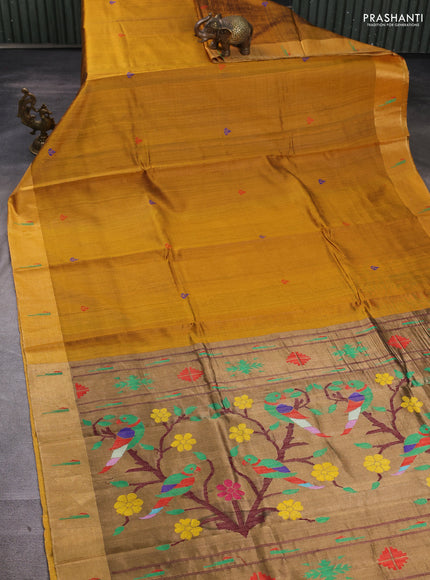 Pure dupion silk saree mustard yellow with thread woven buttas and zari woven muniya butta border
