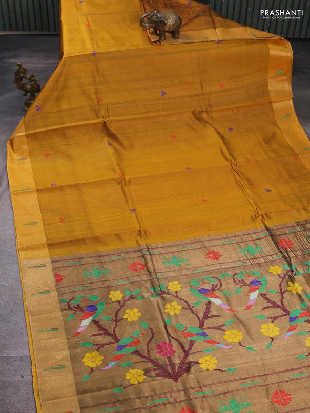 Pure dupion silk saree mustard yellow with thread woven buttas and zari woven muniya butta border