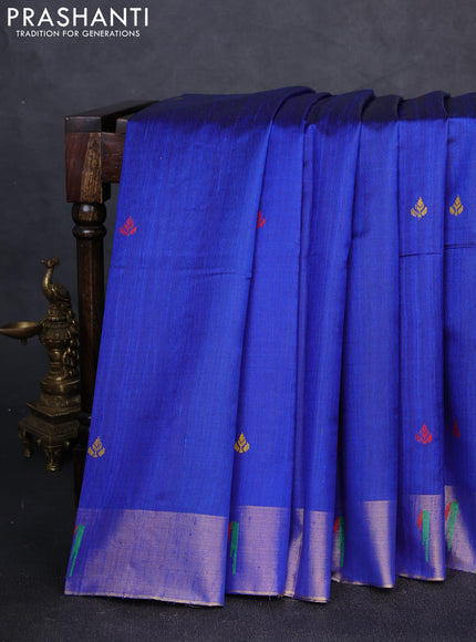 Pure dupion silk saree royal blue with thread woven buttas and zari woven muniya butta border