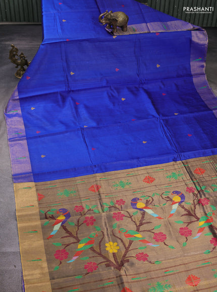 Pure dupion silk saree royal blue with thread woven buttas and zari woven muniya butta border