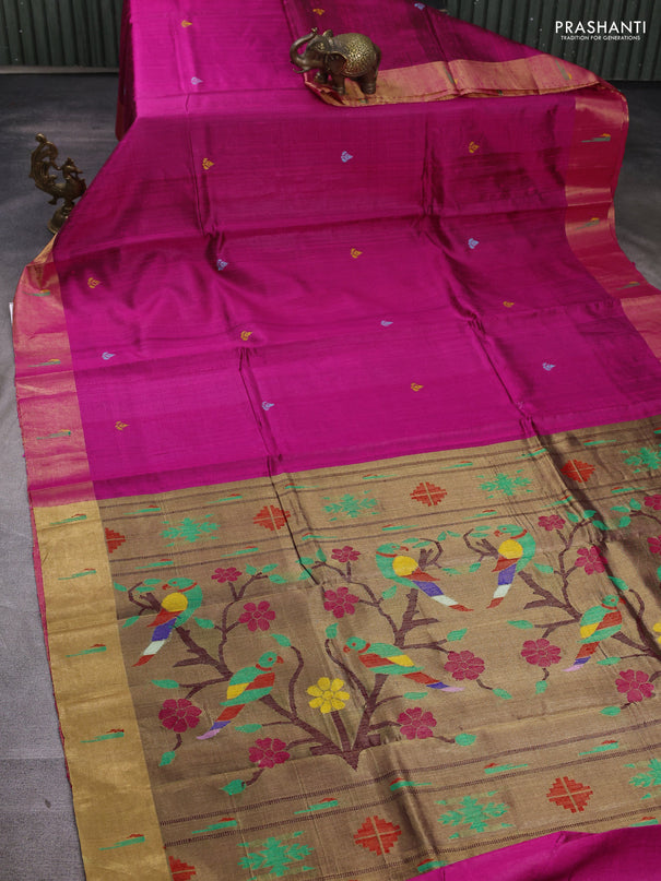Pure dupion silk saree pink with thread woven buttas and zari woven muniya butta border