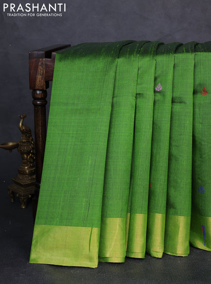 Pure dupion silk saree light green with thread woven buttas and zari woven muniya butta border