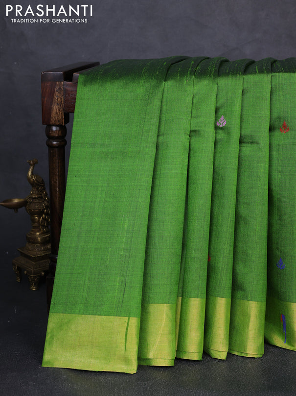 Pure dupion silk saree light green with thread woven buttas and zari woven muniya butta border