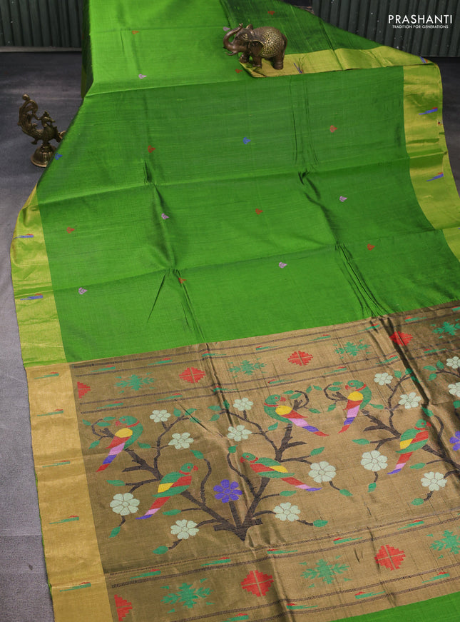 Pure dupion silk saree light green with thread woven buttas and zari woven muniya butta border