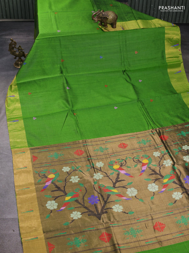 Pure dupion silk saree light green with thread woven buttas and zari woven muniya butta border