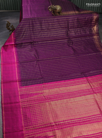 Pure dupion silk saree purple and pink with allover zari woven checked pattern and temple design rettapet zari woven border