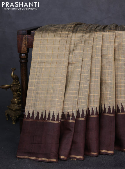 Pure dupion silk saree chiku and coffee brown with allover zari woven checked pattern and temple design rettapet zari woven border