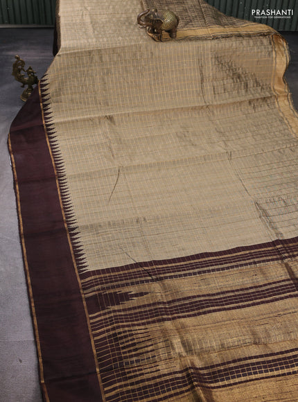 Pure dupion silk saree chiku and coffee brown with allover zari woven checked pattern and temple design rettapet zari woven border