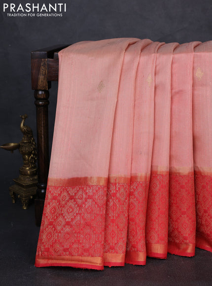 Pure dupion silk saree peach shade and red with zari woven buttas and long zari woven border