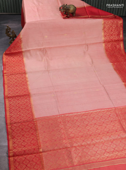 Pure dupion silk saree peach shade and red with zari woven buttas and long zari woven border