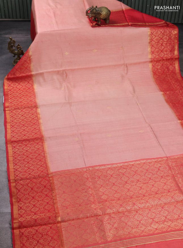 Pure dupion silk saree peach shade and red with zari woven buttas and long zari woven border