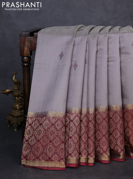 Pure dupion silk saree grey and deep maroon with thread woven buttas and long zari woven border