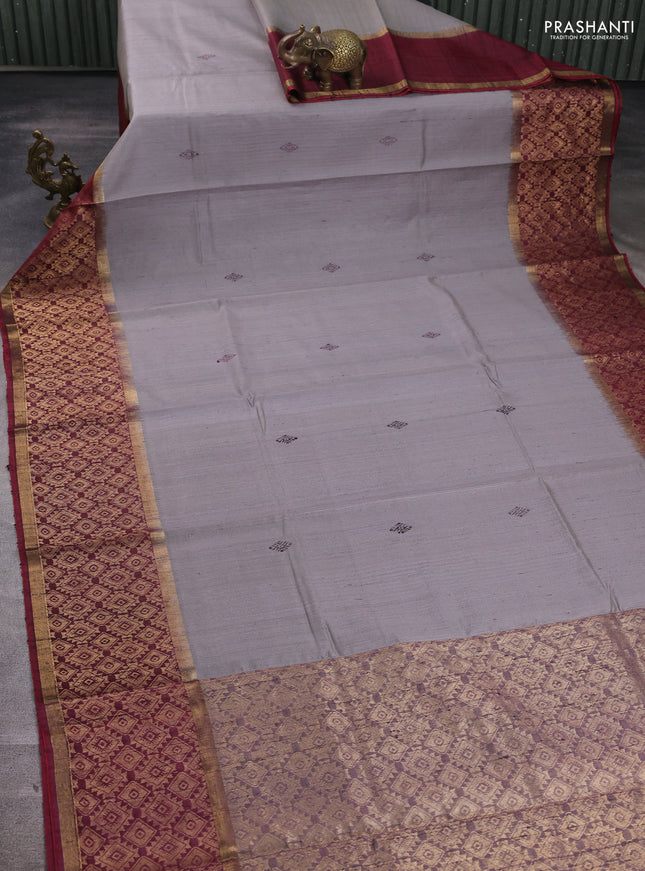 Pure dupion silk saree grey and deep maroon with thread woven buttas and long zari woven border