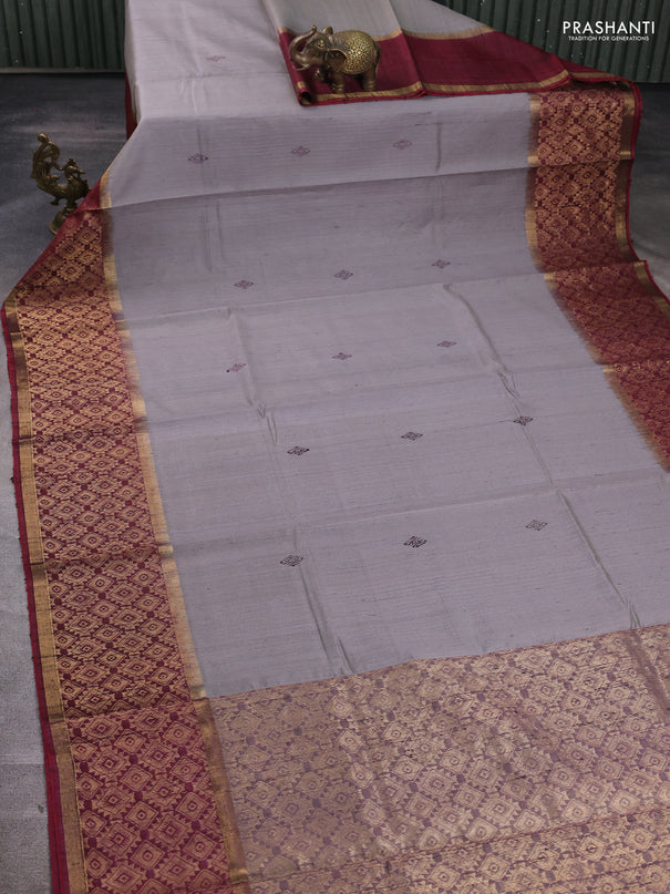 Pure dupion silk saree grey and deep maroon with thread woven buttas and long zari woven border