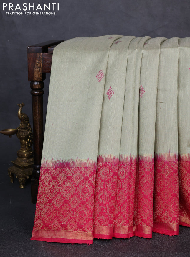 Pure dupion silk saree pastel green and pink with thread woven buttas and long zari woven border