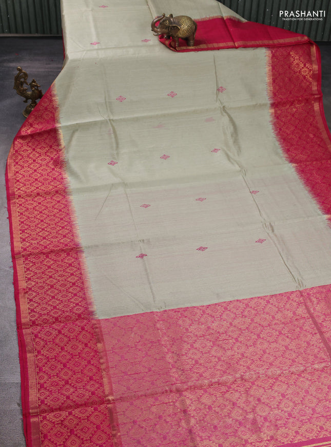 Pure dupion silk saree pastel green and pink with thread woven buttas and long zari woven border