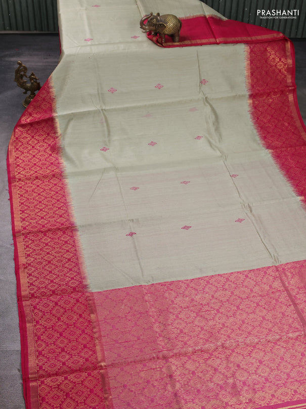 Pure dupion silk saree pastel green and pink with thread woven buttas and long zari woven border