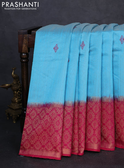 Pure dupion silk saree light blue and pink with thread woven buttas and long zari woven border