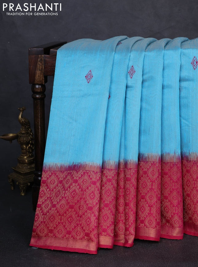 Pure dupion silk saree light blue and pink with thread woven buttas and long zari woven border