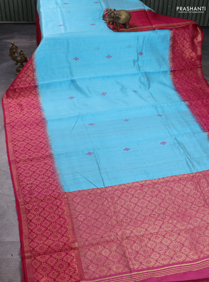 Pure dupion silk saree light blue and pink with thread woven buttas and long zari woven border